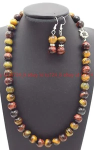 Natural 6-14mm Multicolor Tiger's Eye Round Gems Beads Necklace Earrings Set 18" - Picture 1 of 12