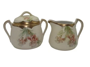 Prussia Matte Creamer & Covered Sugar Set, Art Nouveau Gold Gilt Swag & Flowers - Picture 1 of 12