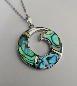 Stainless Steel Spiral Long Necklace with Paua Abalone shell Surf Beach - Picture 1 of 3