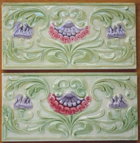 EUROPEAN - 2 ANTIQUE ART NOUVEAU MAJOLICA BORDER TILES C1900 Cover