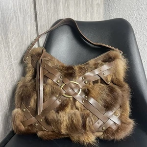 Rabbit Fur Sazaby Hobo Shoulder Bag Leather Strap Detailing And Brass Rivets - Picture 1 of 14