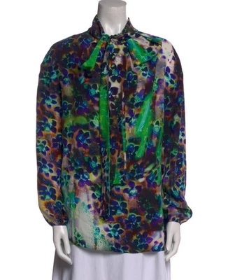 Prada Liquid Floral Daisy Blouse Size 40 Silk Neck Tie Bow Designer Luxury - Image 1 of 4
