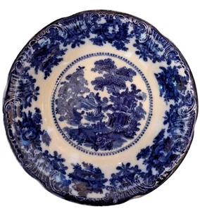 English Blue & White Bowl Antique W. Adams Fairy Villas Flow Blue Serving Bowl - Picture 1 of 2