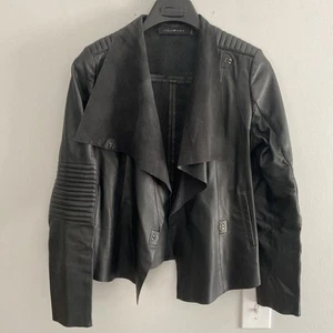 Stella & Jamie Leather Jacket Women Medium Black Open Front Drape Leather Sleeve - Picture 1 of 12