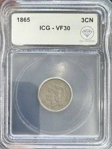 1865 Three Cents Nickel ICG VF30 IDC Verified - Picture 1 of 2