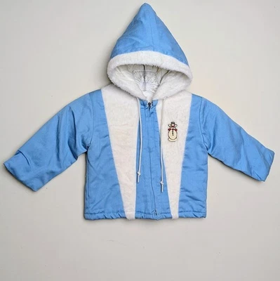 Abrigo Chaqueta de Invierno Vintage Años 60 Sears Muñeco de Nieve Azul Blanco Con Capucha Talla 18 Meses Foto 1 de 4