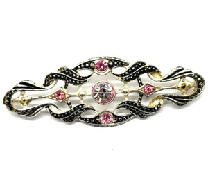 Vintage 2 3/4" Brosche Anstecknadel silberfarben filigran mit rosa Strass - Bild 1 von 2