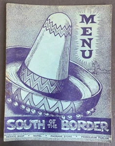Menú restaurante South of the Border Dillon, S.C. 1953 U.S. Hwy 301 501 de colección años 50 - Imagen 1 de 4