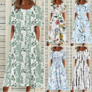 Women Floral Short Sleeve Long Maxi Dress Holiday Summer Beach Pockets Sundress` - Picture 1 of 18