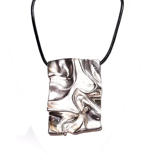 Chicos Crunched Metal Pendant w/ Black Cord Brutalist Necklace Vintage - Picture 1 of 14