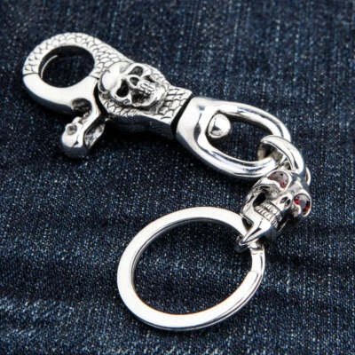 Garnet Eye 925 Sterling Silver Skull Biker Key Chain Gothic Accessories Mens New - Image 1 of 4
