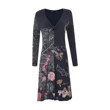 Desigual Femmes Robe Trapèze Col V Imprimé Floral Long Manche Bleu Authentique