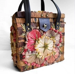 Vintage MCM Boho Woven Box Wooden Purse Floral Raffian Rattan Philippines Sewing - Picture 1 of 12