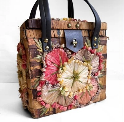 Vintage MCM Boho Woven Box Wooden Purse Floral Raffian Rattan Philippines Sewing - Image 1 of 4