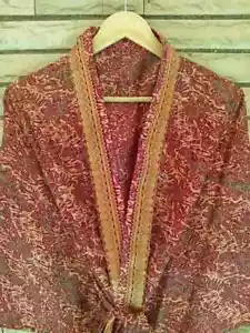 Midi Kimono Pura Seda Bata Rodilla Longitud Vestido Rojo Óxido MKMO1609 - Imagen 1 de 8