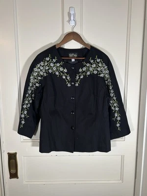 Chaqueta Blazer Bob Mackie Floral Bordada Botón Frontal Mujer Talla Grande Negra Foto 1 de 4
