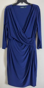 Lauren Ralph Lauren Solid Navy Blue Faux Wrap Sheath Dress Ruched Sz 16W - Picture 1 of 5