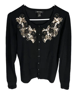 WHITE HOUSE BLACK MARKET Cardigan Size M Black Snap Front Embellished Womens - Picture 1 of 4