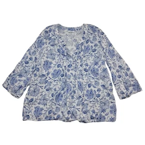 J Jill Pintucked Stampa 100% Lino Popover Donna Blu Medio Floreale Manica 3/4 - Foto 1 di 10