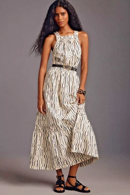 NUEVO Maxi Vestido Anthropologie Somerset POPELINA HALTER ESTAMPADO ABSTRACTO CREMA NEGRO M Foto 1 de 4