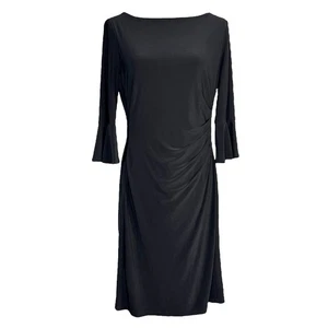 Vestido LRL Ralph Lauren 10 Negro Acanalado Imitación Envoltura 3/4 Manga Campana Elastizado LBD - Imagen 1 de 7