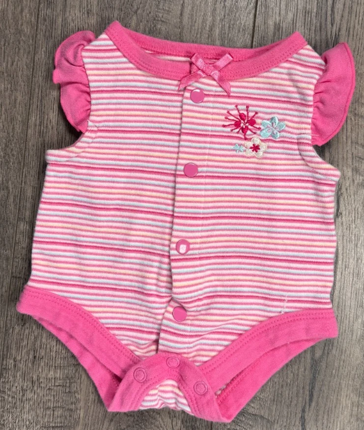 Baby Girl Clothes Baby Connection Preemie Pink Striped Flower Bodysuit - Image 1 of 3