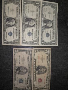 Three 1957 $1 Bills, One 1963 $5 And One 1953 $5 Bundle - Picture 1 of 7