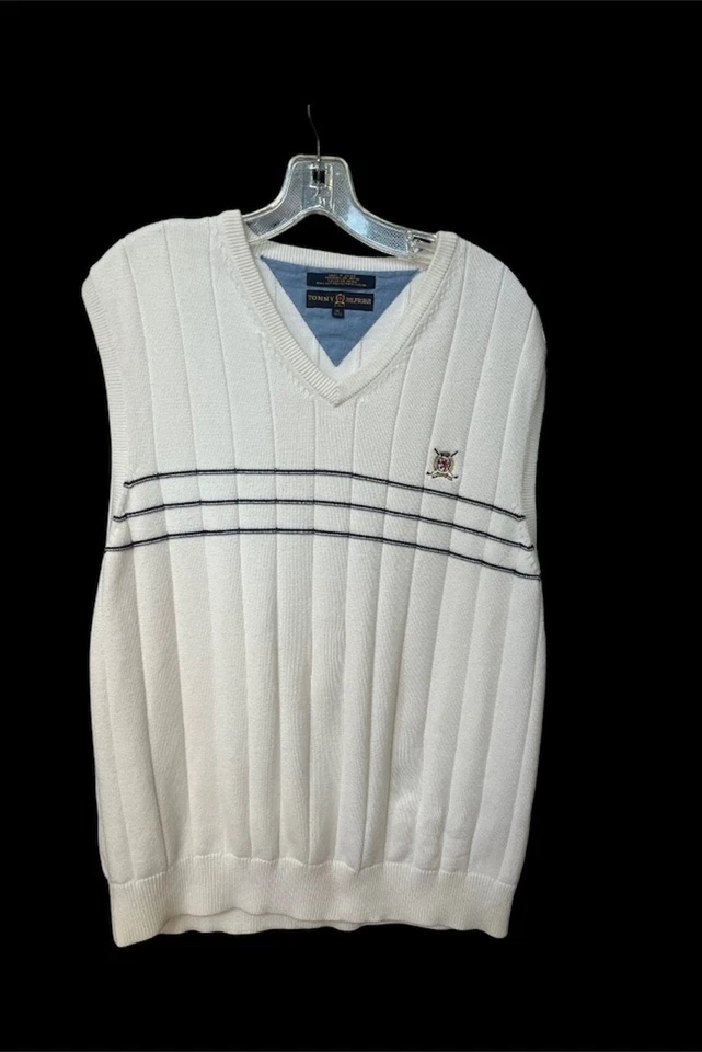 Chaleco Suéter Tommy Hilfiger Golf Para Hombre De Colección Talla XL Blanco Negro Rayas Cresta Foto 1 de 4