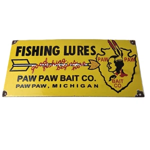 Vintage Angelköder Schild - Paw Paw Bait Co Zapfsäule Porzellanschild - Bild 1 von 14