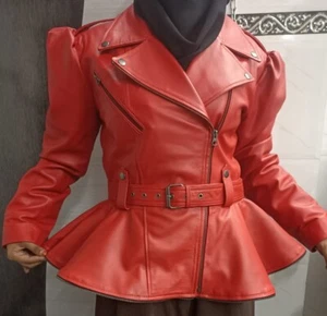 Women's Peplum-Hem Asymmetric Style Biker Red Leather Jacket With Frill Design - Picture 1 of 11