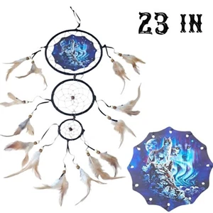 23" Atrapasueños Espíritu de los Lobos Cuentas Plumas Nativo Americano Decoración del Hogar - Imagen 1 de 7