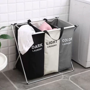 Folding Light Dark Colour 3 Section Laundry Basket Hamper Clothes Bin Organiser - Picture 1 of 16