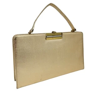 Vintage Metallic Gold Handbag Clutch Evening Bag Stiff Body Snap Closure Satin - Picture 1 of 12