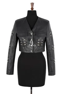 Ladies Punk Rock Grunge Black Cropped Real Leather Edgy Fashion Jacket 7201 - Picture 1 of 8