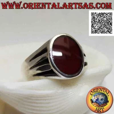 Anello in Argento 925‰ liscio con corniola ovale e tripla linea orizzontale  - Immagine 1 di 4