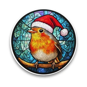 Rotkehlchen Vogel Nikolausmütze Weihnachten Buntglas Fenster undurchsichtig Vinyl Aufkleber Abziehbild 100 mm - Bild 1 von 1