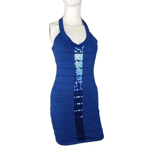Say What? Women's Bodycon Mini Dress Size Medium Blue Ribbed Knit Sequins Halter - Picture 1 of 7