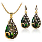 Green Peacock Drop Earrings teardrops matching pendant necklace bronze tone