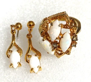 Vtg 18K HGE Gold Electroplate 3 Opal Ring Size 7.25 + Opal Dangle Post Earrings - Picture 1 of 15