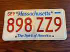 Massachusetts License Plate 898 ZZ9 Spirit of America MA USA Authentic September