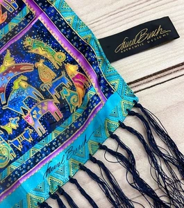 Laurel Burch 100% Silk Scarf Colorful Dogs Fringe 11x52 Art to Wear Dog Mom Gift - Picture 1 of 14