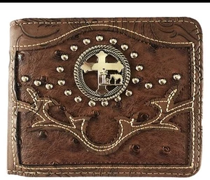 Mens Wallet Western Bifold Style W070 Cross Cowboy Praying Ostrich Brown Color  - Picture 1 of 3