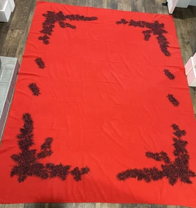 Vintage California Hand Prints Red Pine cones Christmas Tablecloth 80”x 60” - Picture 1 of 13