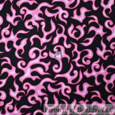 BonEful Fabric FQ Cotton Quilt Black PINK FIRE Flame Lady Motorcycle Cook Harley - Image 1 of 4