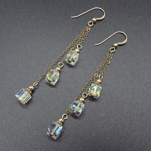 14K Gold Filled AB Crystal Dangle Earrings 2.9" Made with Swarovski Element
