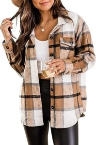 US Women Fall Plaid Flannel Shacket Blouse Jacket Oversized Long Sleeve Shirt - Picture 1 of 53