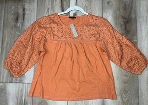 J. Crew Womens Eyelet Yoke Knit Top Balloon Sleeve Sunbaked Clay Size Small NEW - Picture 1 of 8