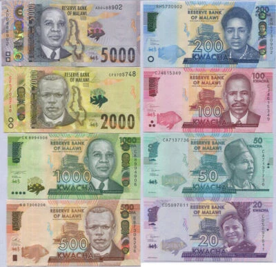 Malawi Set 8 UNC 20 50 100 200 500 1000 2000 (AMARILLO) 5000 Fecha Aleatoria P 63- 71 Foto 1 de 3