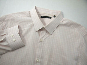 Theory Mens Dress Shirt 16 32/33 Pink White Checkered Button Collared Cotton