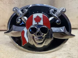 Skull and Crossbones Canada Flag Pirate Sword Chrome Belt Buckle Biker 3.5”x2.5” - Picture 1 of 5
